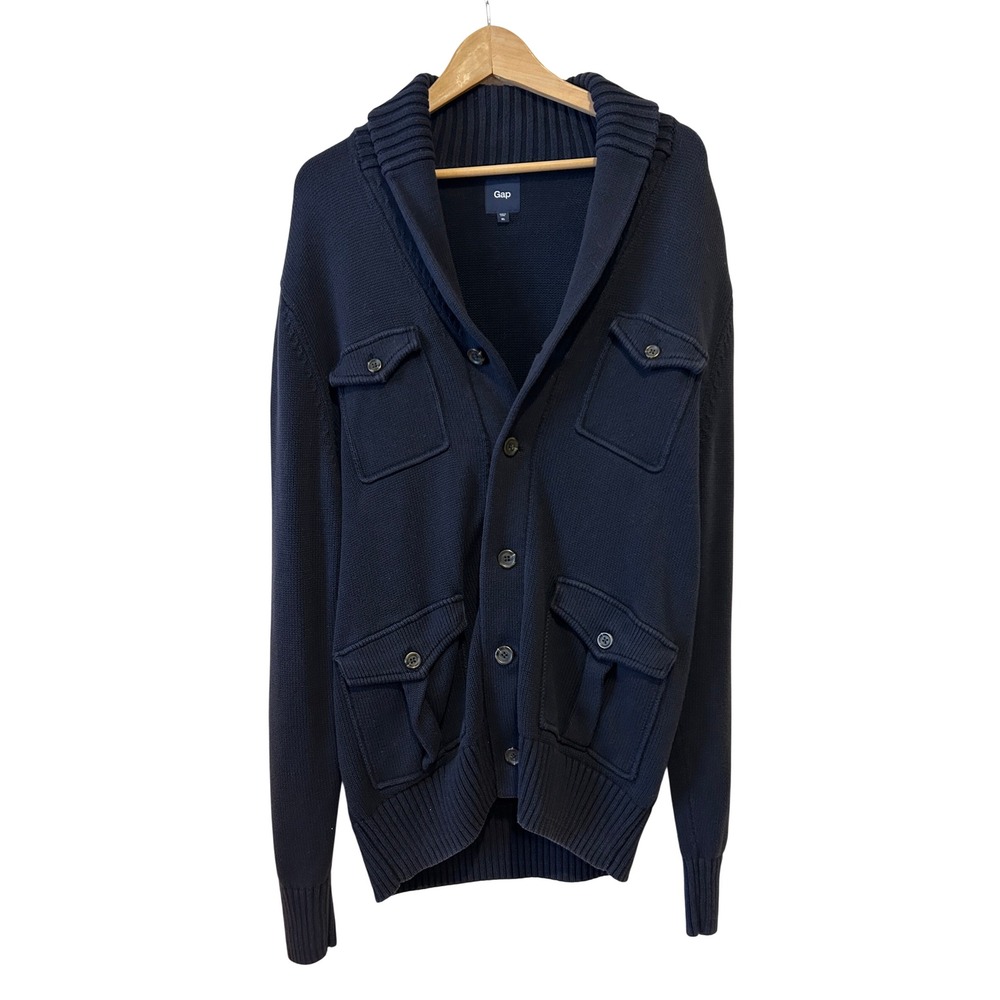 Gap Cardigan XL Navy Blue 4-Pocket Shawl Collar Cotton Sweater Preppy Old Money